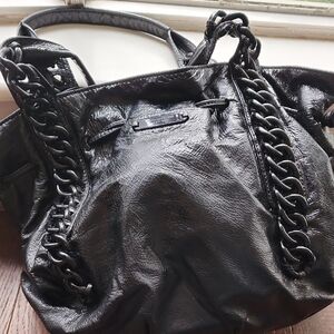Michael Kors Glossy Black Shoulder Bag with Chain Detail w/storage bag